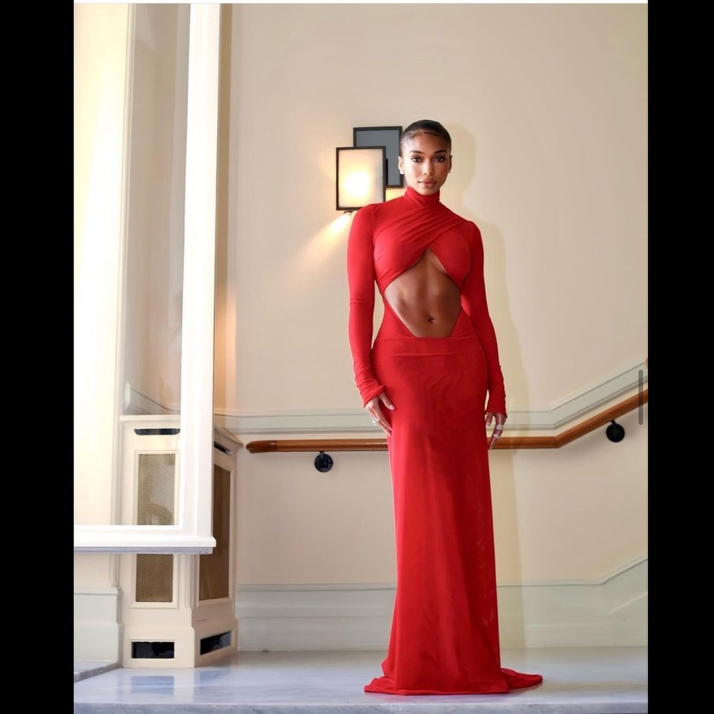 LaQuan Smith Long Sleeve Cross Front Open Back Gown